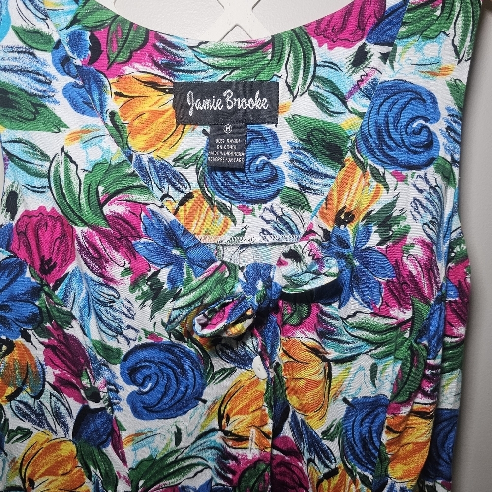 Jennie Brooke Vintage 90s Floral Sleeveless Tie-Front Romper Painterly Print - Picture 8 of 17